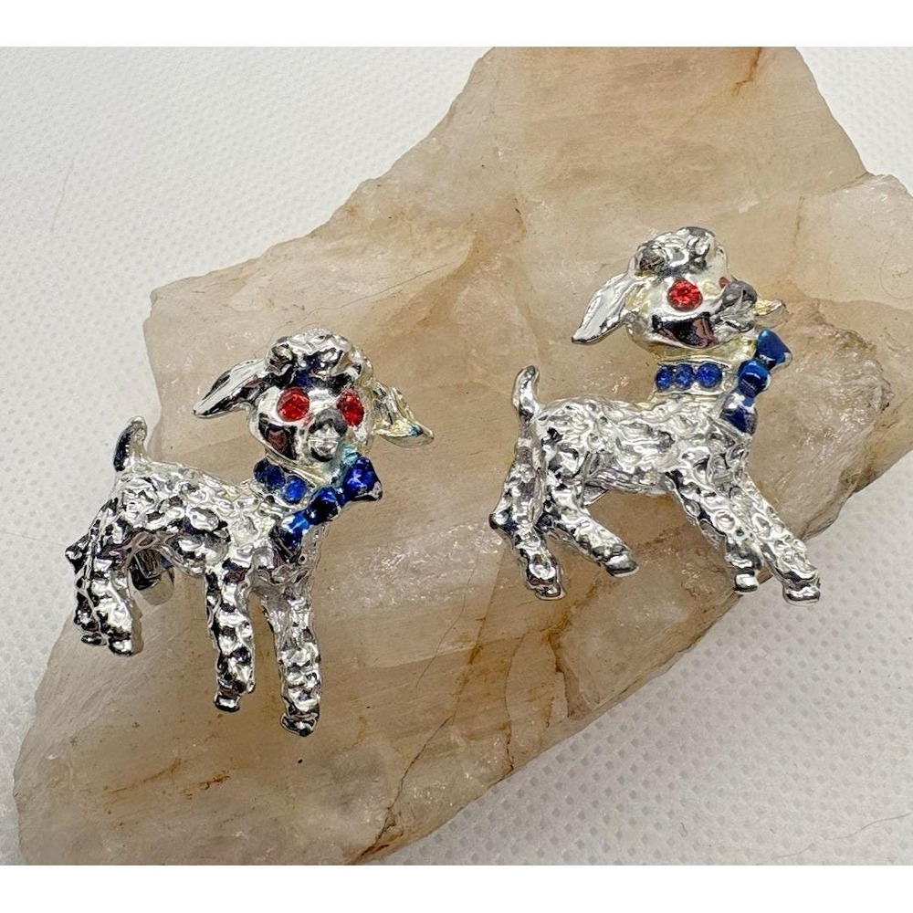 Vintage Lamb Sheep Brooch Lot of 2 Red Rhinestone Eyes Silver‎ Tone Animal Pins